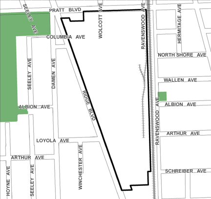 Pratt/Ridge TIF district, roughly bounded on the north by Pratt Boulevard, Schreiber Avenue on the south, Ravenswood Avenue on the east, and Ridge Boulevard on the west.